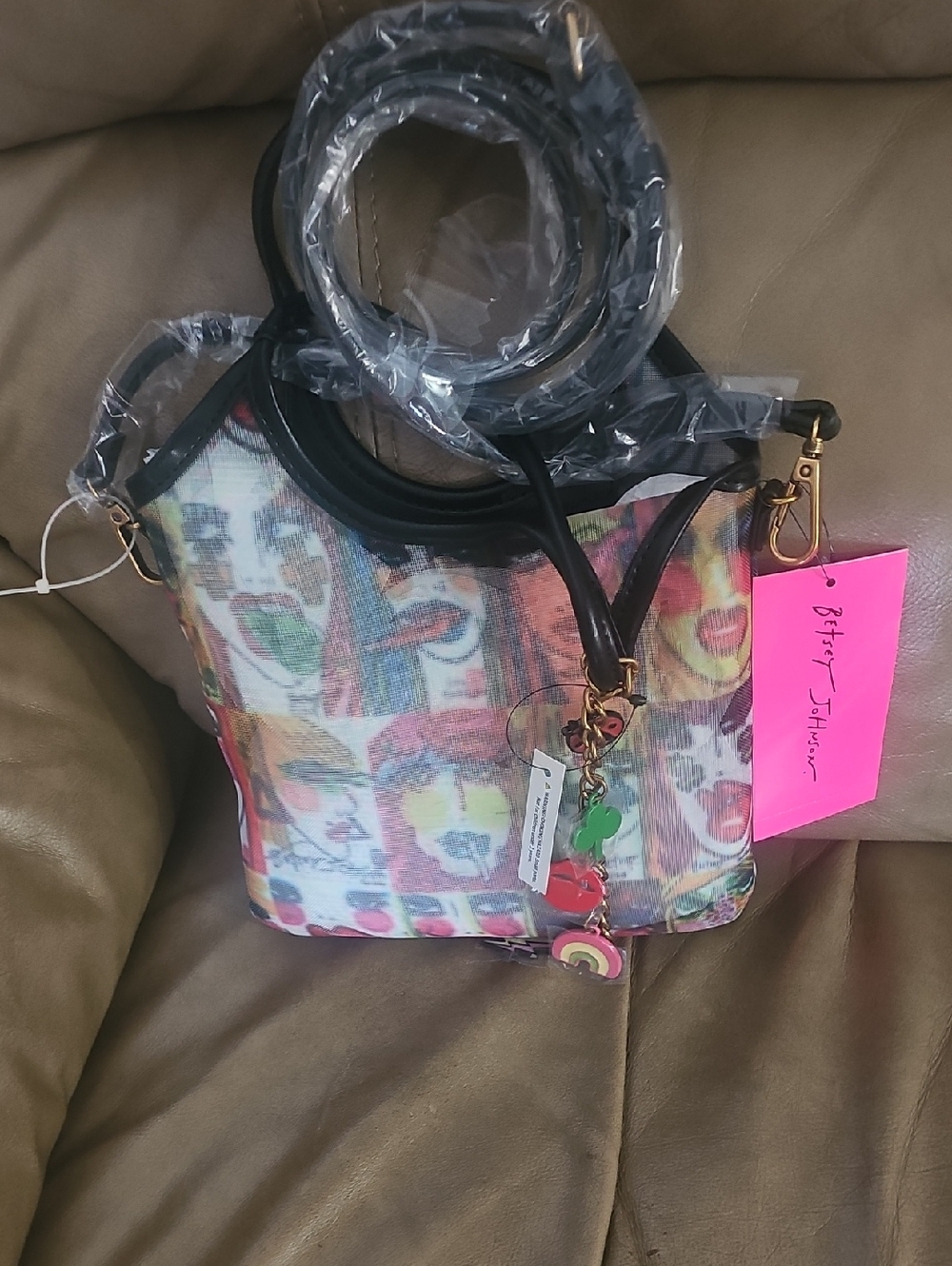 Betsey Johnson Multicolor Floral Faces Crossbody with Black Trim And Charms